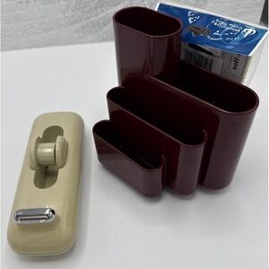 Vtg 80s Desk Tenex Organizer Caddy Holder Burgundy USA & Beige Eldon Tape Holder